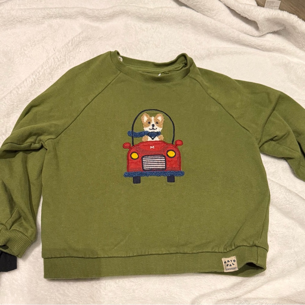 Green Mayoral Sweatshirt with Dog in Car Appliqué